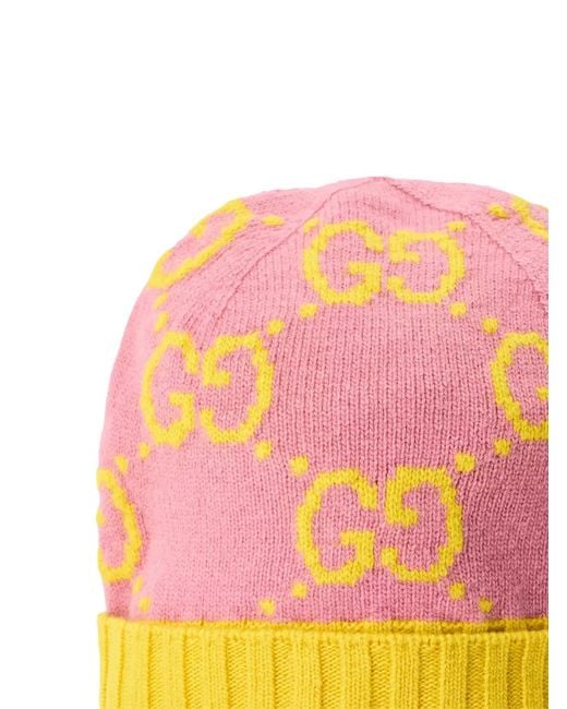 Gucci Pink Gg Monogram Wool Beanie Accessories Beanies & Hats