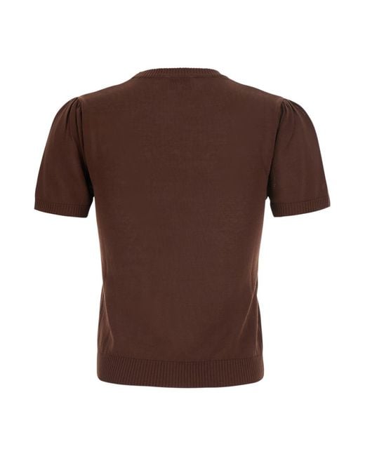 Ganni Brown Short-Sleeved Argyle Sweater — Cotton Tops