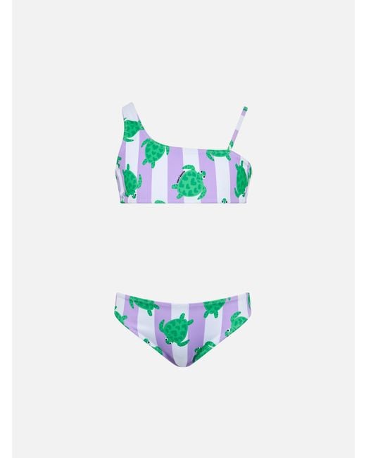 Mc2 Saint Barth Blue Girl One Shoulder Bikini Vivy With Turtle Print