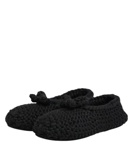 Dolce & Gabbana Black Knit Bow Flat Slippers