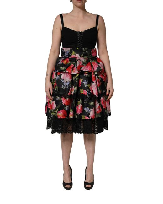 Dolce & Gabbana Sleeveless Bustier Floral Print Tiered Dress Cotton Elastane Nylon Silk