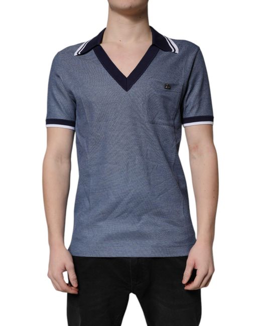 Dolce & Gabbana Blue Collared V-Neck Silk Blend Polo T-Shirt Cotton for men