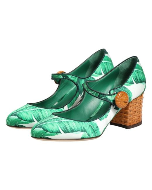 Dolce & Gabbana Green Silk Mary Janes Leaf Sandals Shoes Se+Vi