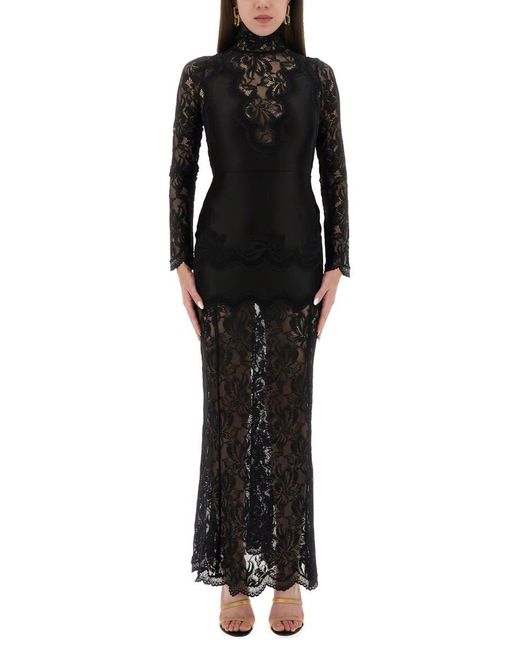 Rabanne Black Lace And Jersey Long Dress