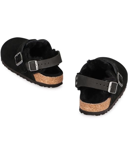 Birkenstock Black Tokio Leather & Fur Slippers