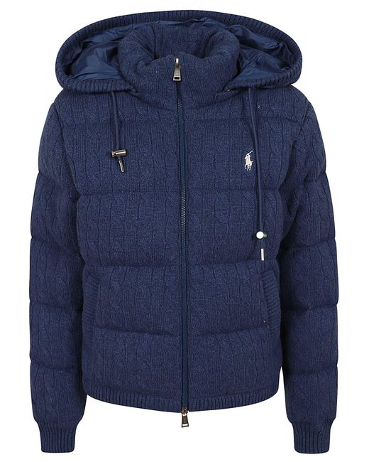 Polo Ralph Lauren Cable-Knit Hooded Down Coat in Blue | Lyst UK