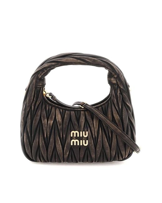 Miu Miu Black Vintage Effect Leather Small Miu Wander Hobo Bag
