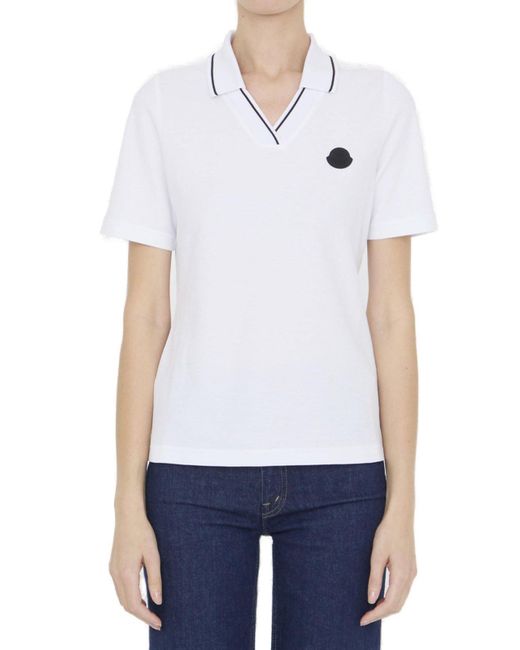 Moncler White Logo Patch Polo Shirt