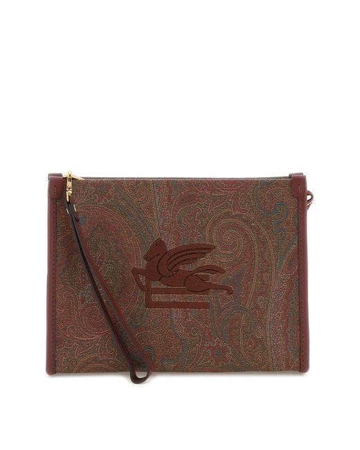 Etro Brown Paisley Print Logo Embroidered Clutch