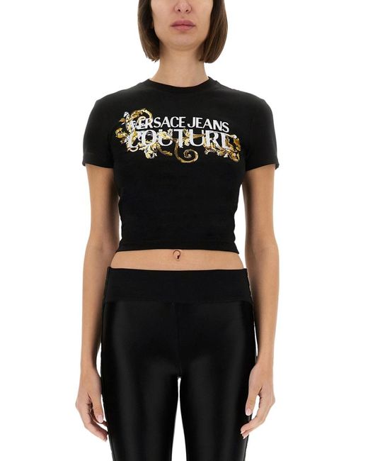 Versace Jeans Couture Black T-Shirt With Crystals Outline Baroque
