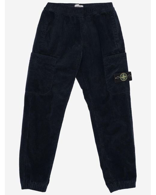Stone Island Blue Corduroy Trousers With Logo Cotton for men