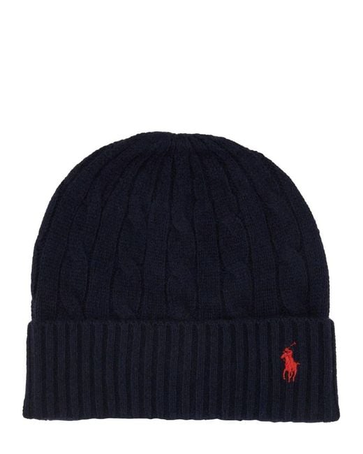 Polo Ralph Lauren Blue Cable-Knit Wool-Cashmere Beanie Wool Cashmere Hat