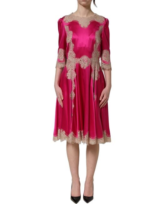 Dolce & Gabbana Pink Fuchsia Lace Detail A-Line Midi Dress Silk Elastane