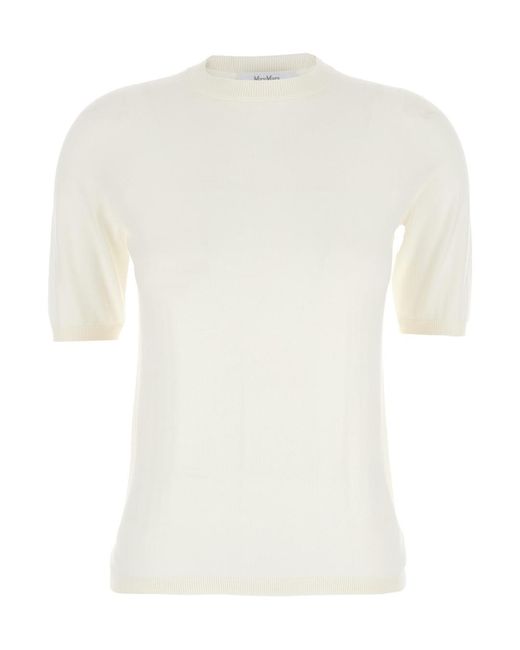 Max Mara White Crewneck Wool Sweater With Short Sleeves Virgin Tops