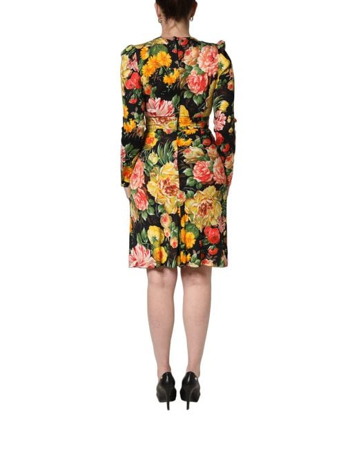Dolce & Gabbana Multicolor Floral Print Longsleeve Midi Dress Viscose