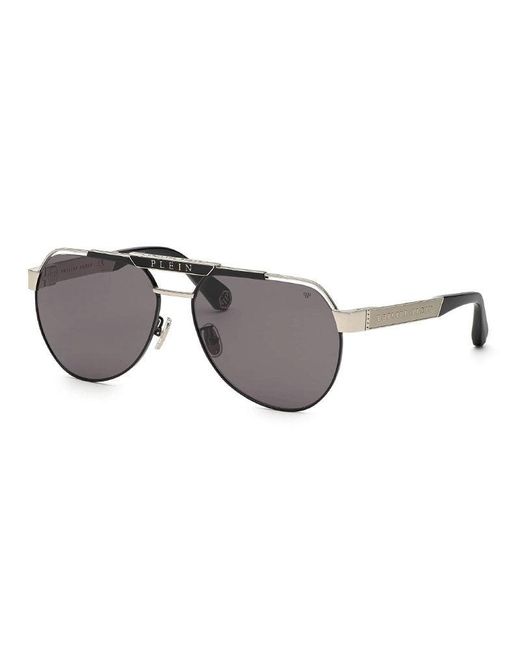 Philipp Plein Gray Sunglasses Aviator Full Rim, Palladium Frame And Smoke Lens Spp073M0583