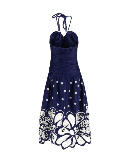 farm rio deep blue palm tree richelieu midi dress Embroidered Cotton in Color:Pale Blue Embroidered Ginkgo Leaf from shoulder worlds away Terani Couture 261C6515 A