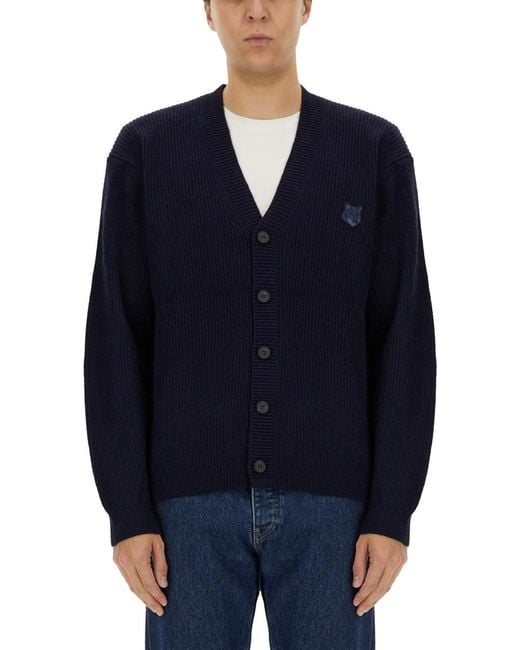Maison Kitsuné Blue Ribbed Cardigan Merino Wool Jumpers for men
