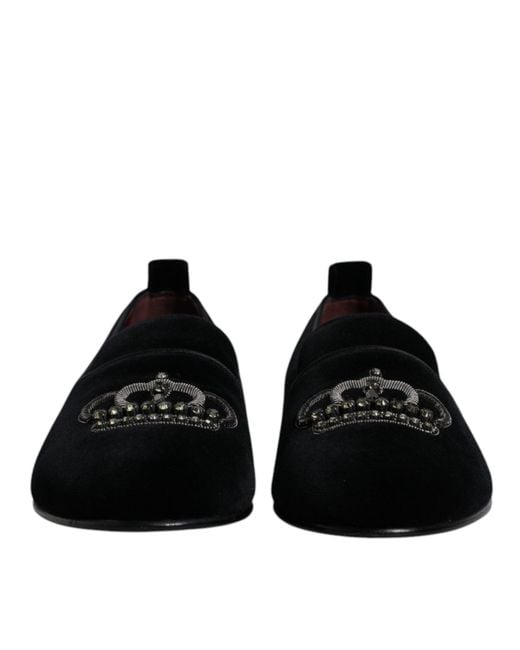 Dolce & Gabbana Black Velvet Crystal Crown Loafers Shoes for men