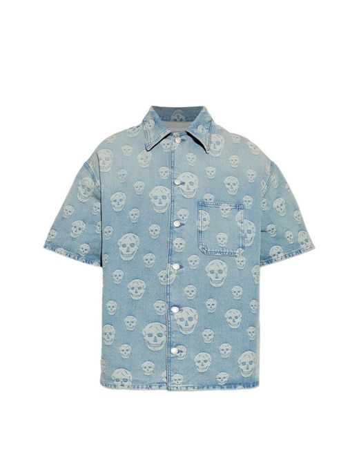 McQueen Blue Short-Sleeved Light Jacquard Cotton Denim Skull Shirt With All-Over Skull Motif for men