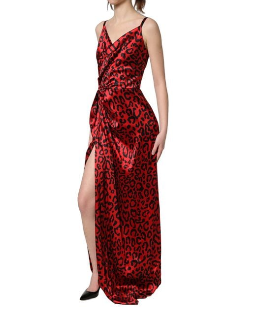 Dolce & Gabbana Red Leopard Draped Sleeveless Maxi Dress Silk Elastane