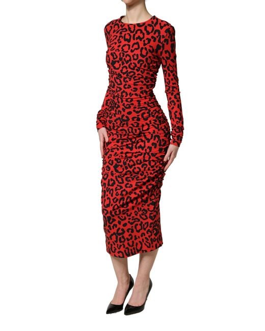 Dolce & Gabbana Red Leopard Print Long Sleeves Midi Dress Nylon Elastane