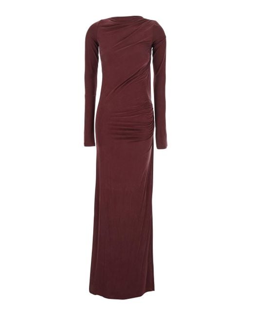 ANDAMANE Purple Bordeaux Long Dress With Draping And Cut-Out Back