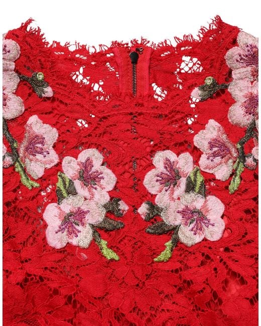 Dolce & Gabbana Red Lace Floral Embroidery Long Sleeves Top