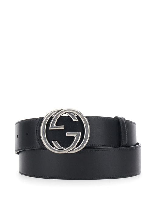 Gucci Black Belt With Gg Buckle — Leather Calfskin for men