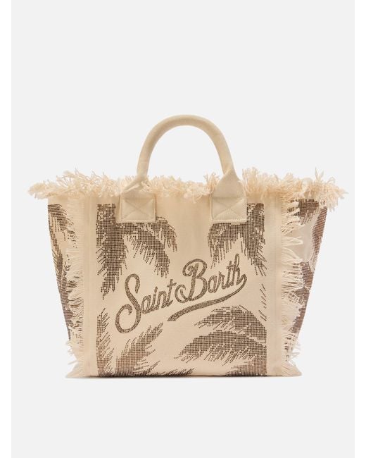 Mc2 Saint Barth Natural Canvas Vanity Regular Bag With Palm Print Rhinestones