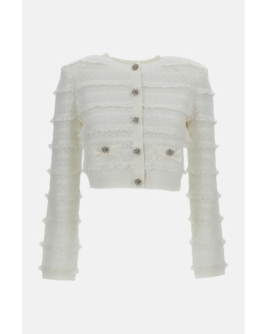 Self-Portrait White Pointelle Diamante Cardigan
