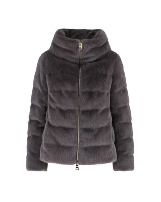 Herno Gray Quilted High-Collar Faux Fur Coat