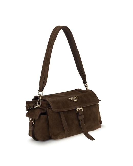 Prada Brown Explore Medium Suede Shoulder Bag
