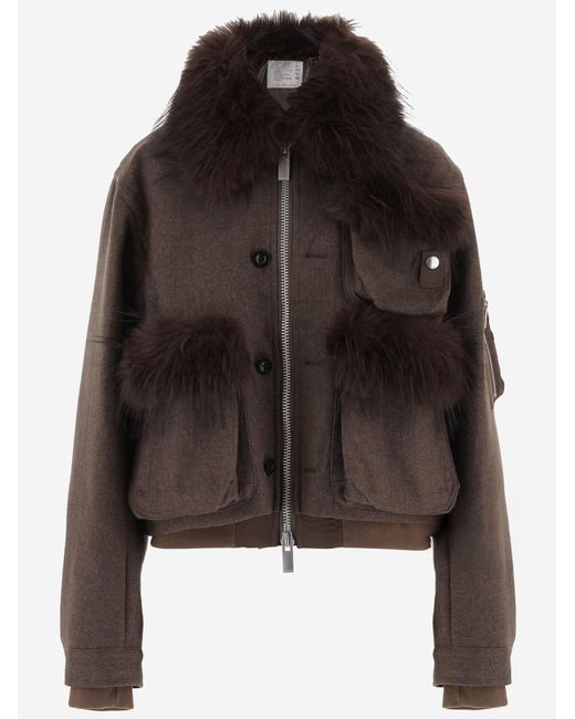 Sacai Black Wool Jacket With Faux Fur Inserts