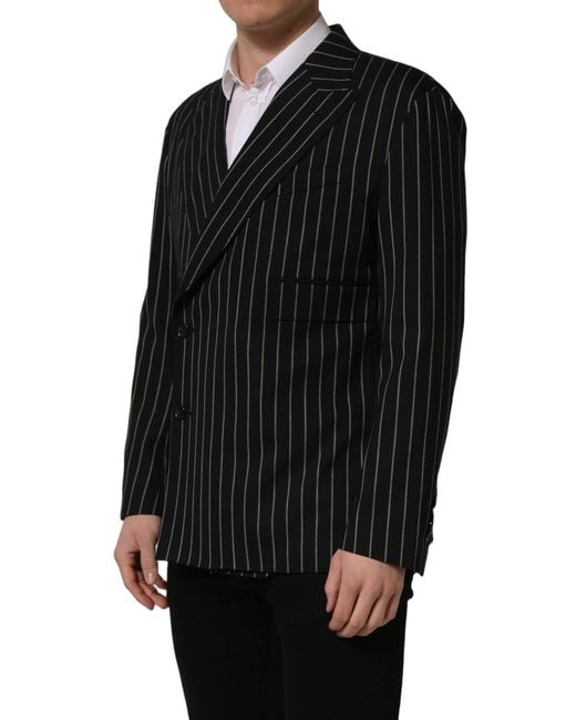 Dolce & Gabbana Black Stripes Wool Double Breasted Jacket Virgin Elastane Clothing for men