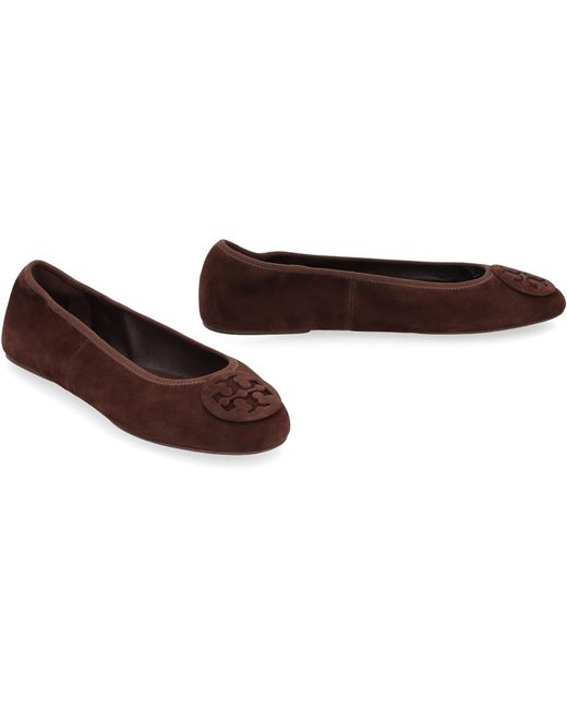 Tory Burch Brown Ballerina Flats Reva Suede Leather Shoes
