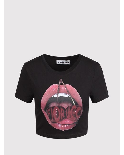 Fiorucci Black Cropped T-Shirt With Cherry Graphics
