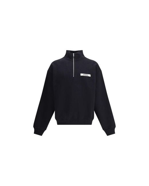 Jacquemus Blue High Collar Zipper Sweatshirt With Monogram Patch for men