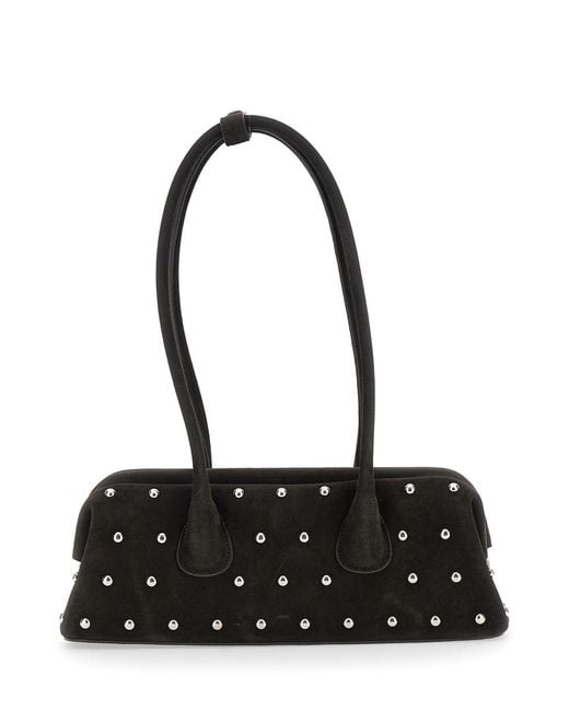 OSOI Black Boat Wide Mini Shoulder Bag With Round Handles And Beaded Embellishment