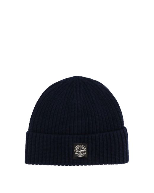 Stone Island Blue Certified Virgin Wool Beanie Hat for men