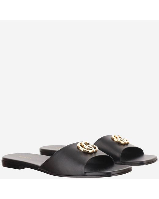 Gucci Black Leather Slider Sandals Lamb