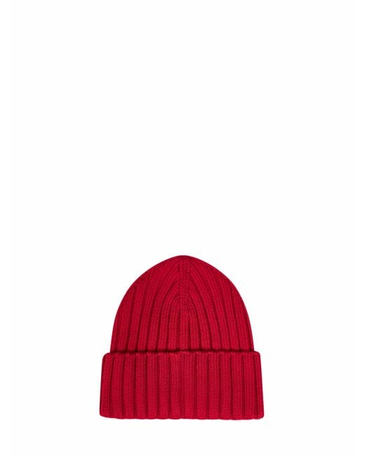 Moncler Red Ribbed Wool Knit Beanie With Logo Patch