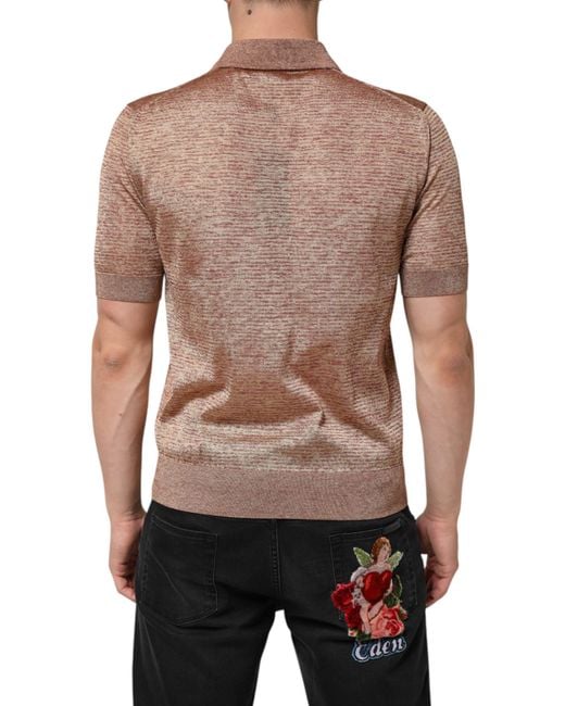 Dolce & Gabbana Brown Silk Textured Short Sleeve Polo T-Shirt Cotton for men