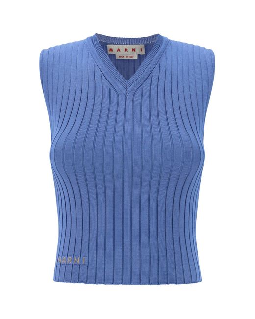 Marni Blue Logo Ribbed Stretch Shine Sweater