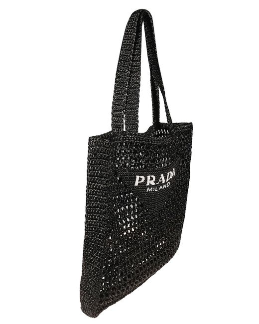 Prada Black Logo Detail Raffia Shopper Bag for men
