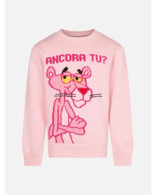 Mc2 Saint Barth Pink Girl Crewneck Sweater With Panther Ancora Tu? Print