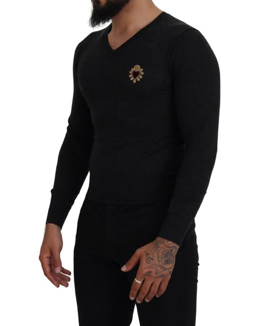 Dolce & Gabbana Black Cashmere V-Neck Sweater With Heart Embroidery for men
