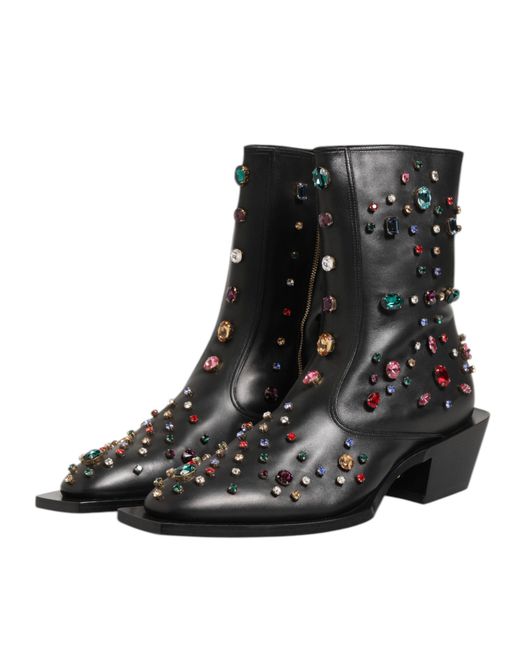 Dolce & Gabbana Gem Embellished Leather Ankle Boots in Black  display picture 3