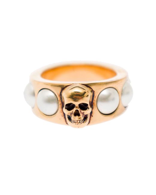 Alexander McQueen White Antique-Tone Ring With Skull And Pearl Embellishment