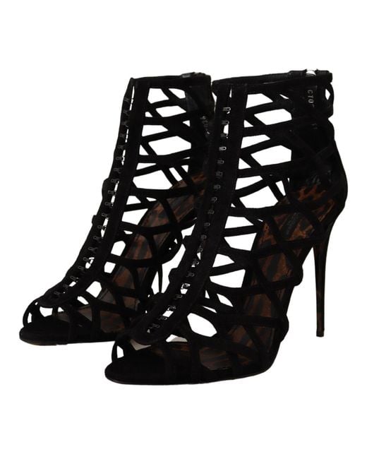 Dolce & Gabbana Black Cage Sandals Suede Heels Leather